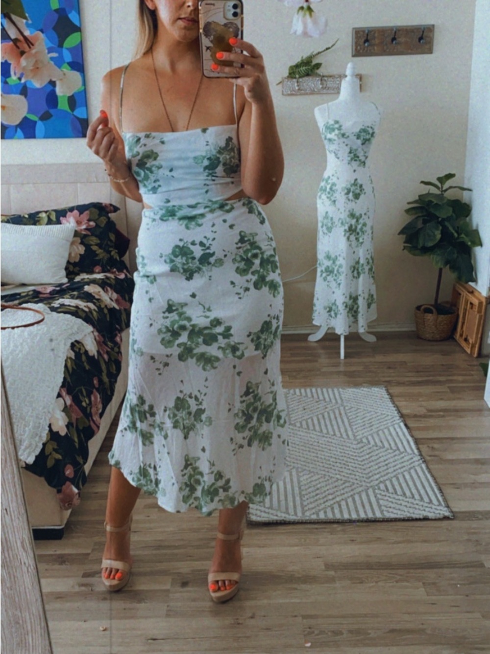 Floral Slip Midi Dress in Green and White